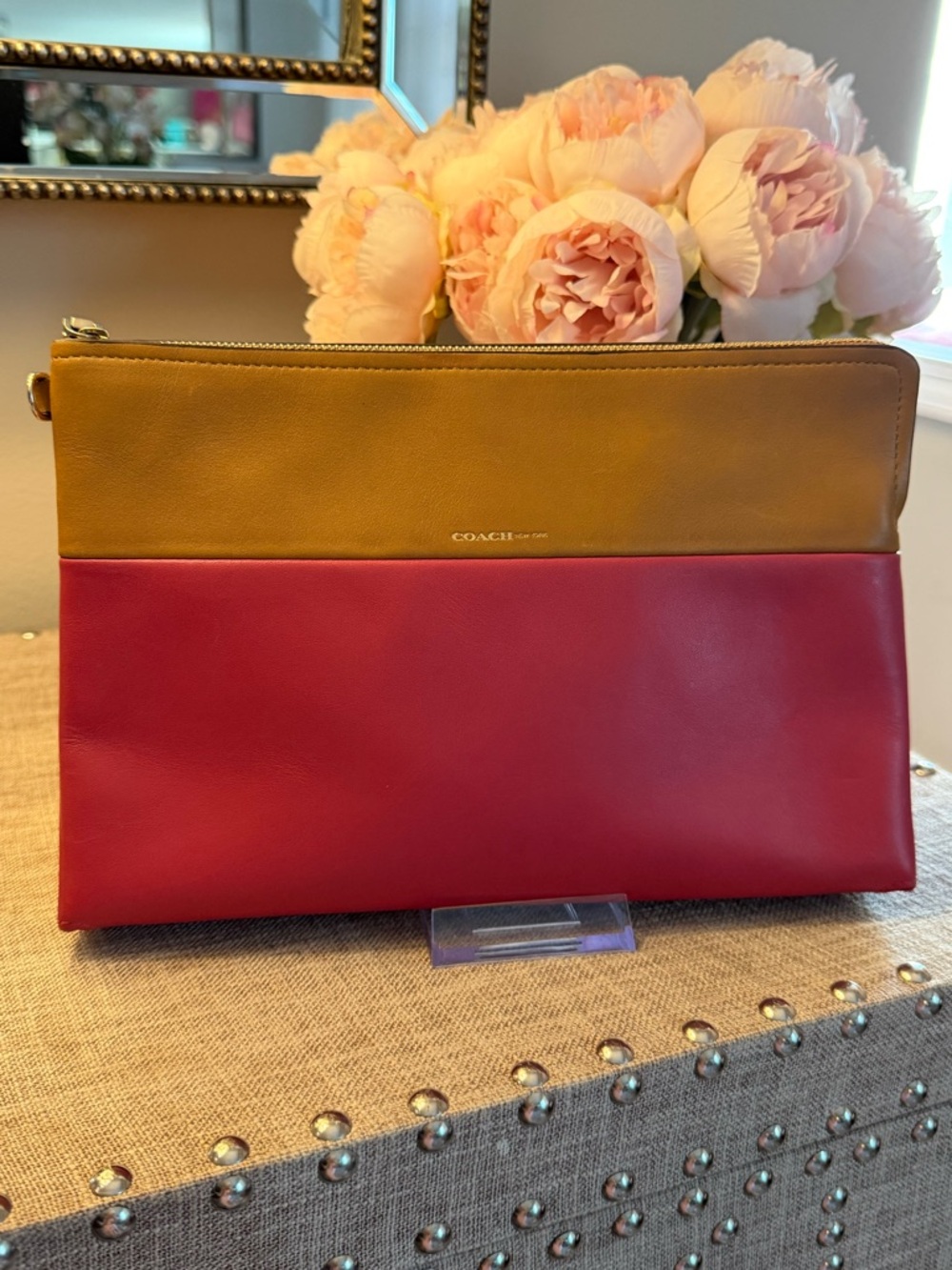 Coach Two-Tone Leather EUC Wristlet Pouch in Hot Pink and Tan - Picture 2 of 8